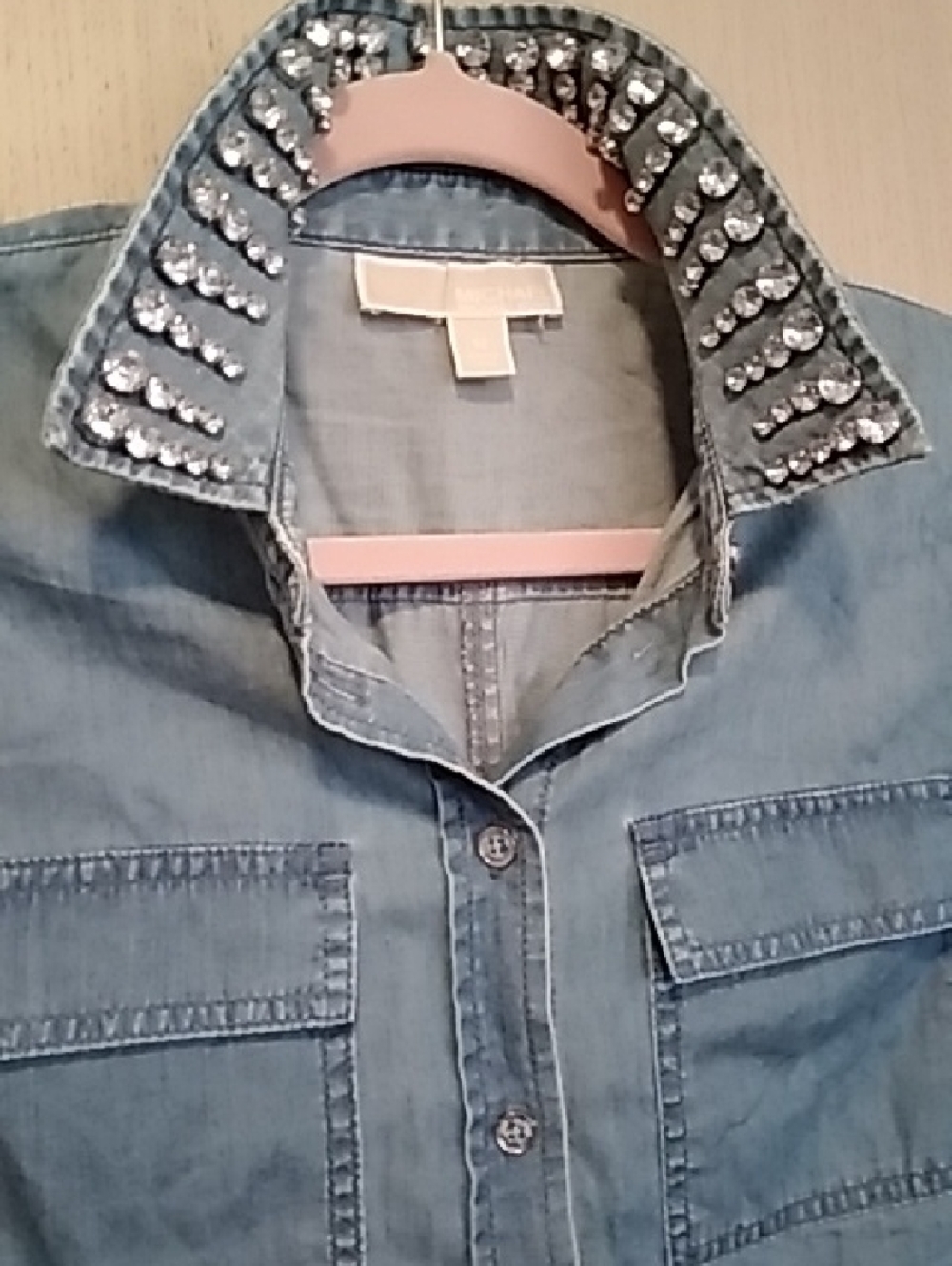 Michael Kors Blue Denim Shirt with Crystal Accents Sz M